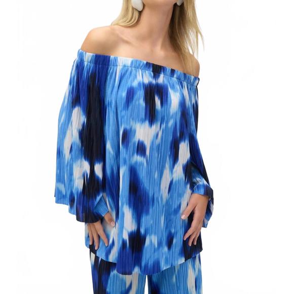 NEW JOSEPH RIBKOFF pleated off the shoulder top in blue/vanilla